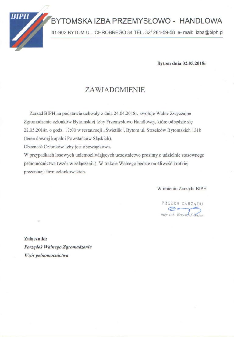 Zaproszenie na Walne Zgromadzenie Izby BIPH 24.04.2018r